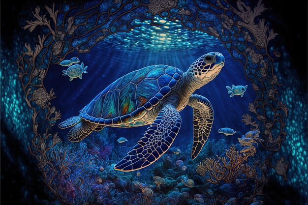 una tortuga está nadando bajo un arrecife de coral con el sol brillando a través del agua