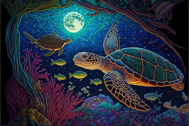 una tortuga está nadando bajo el mar y está rodeada de corales