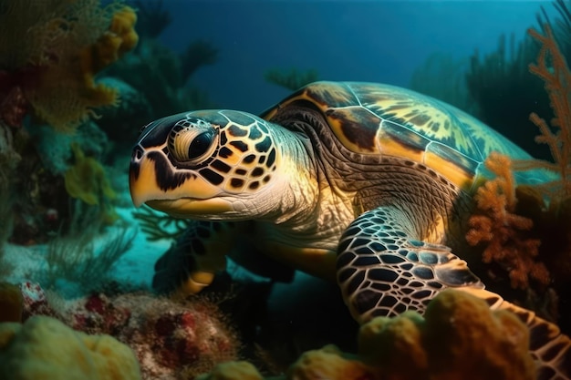 Una tortuga está nadando en el océano.