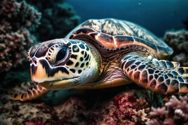 Una tortuga está nadando en el océano.