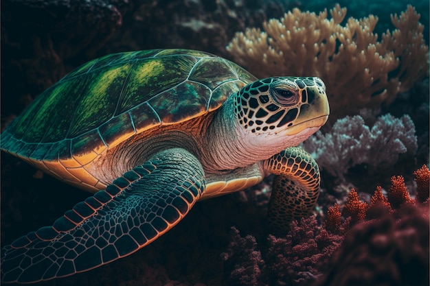 Una tortuga está rodeada de corales y corales.