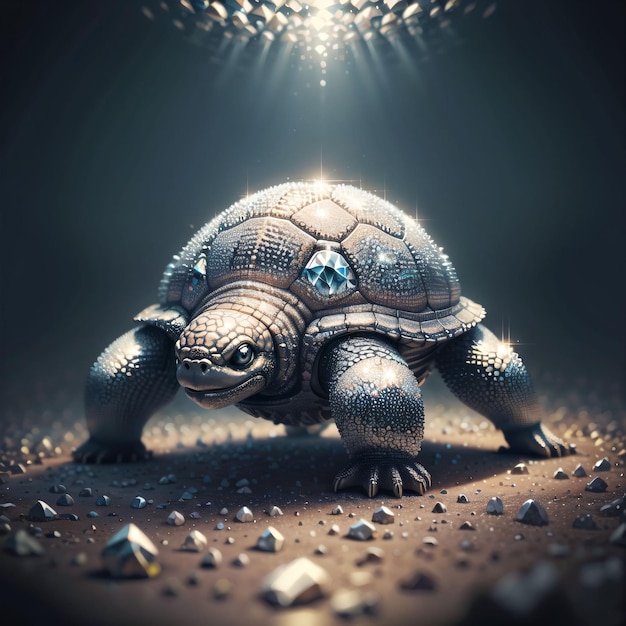 Una tortuga está sobre un fondo oscuro con un diamante en el frente.