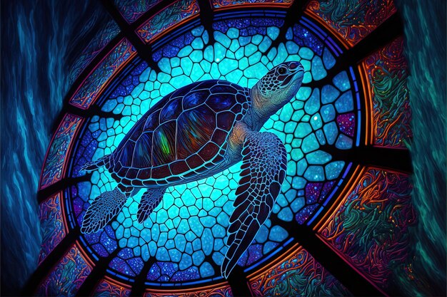 una tortuga está en un techo de vidrio pintado con un patrón de mosaico