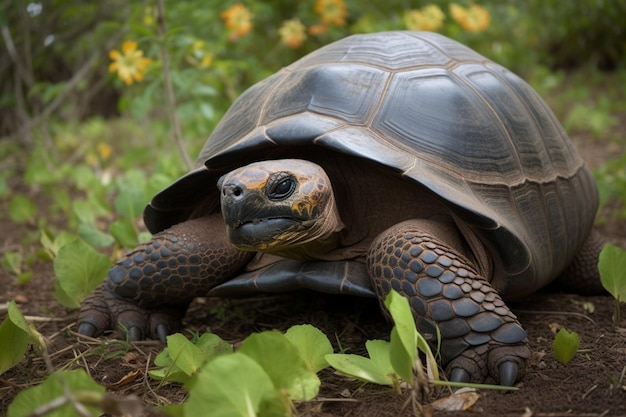 Una tortuga en estado salvaje con un fondo verde