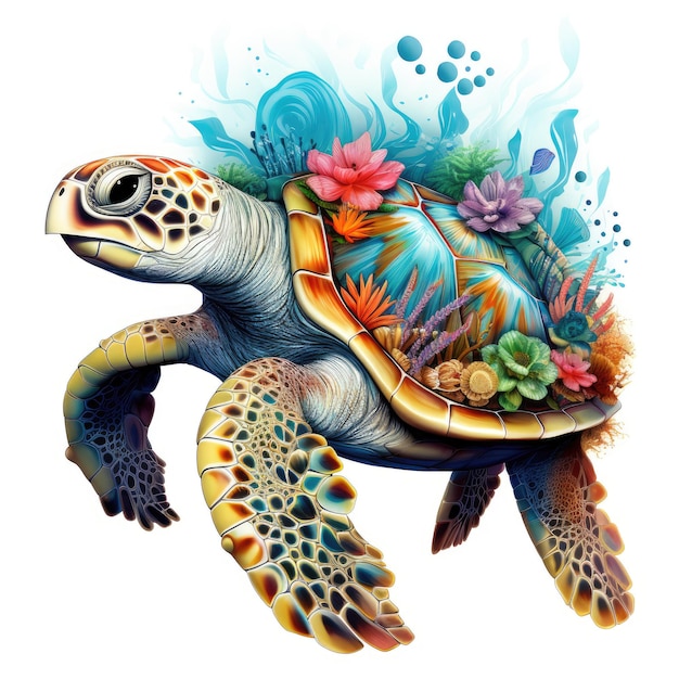 Una tortuga con flores en la cabeza se muestra en una ilustración de una tortuga.