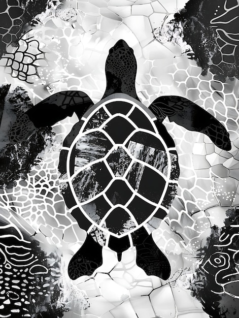 una tortuga con un fondo blanco y negro con una imagen de una tortuга en él