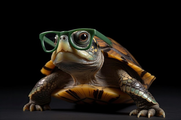 Una tortuga con gafas y unas gafas verdes.