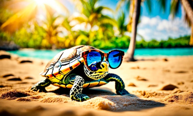 tortuga con gafas sobre un fondo de palmeras enfoque selectivo