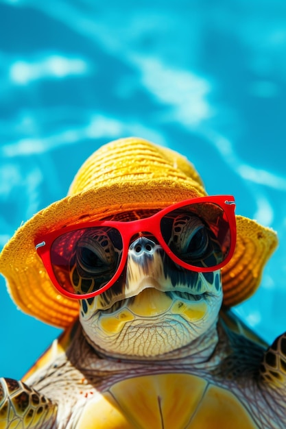 Una tortuga con gafas y sombrero se relaja en una playa tropical