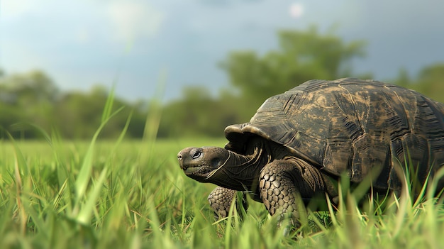 Foto una tortuga gigante vaga por la exuberante sabana verde el reptil prehistórico es un símbolo de fuerza y longevidad