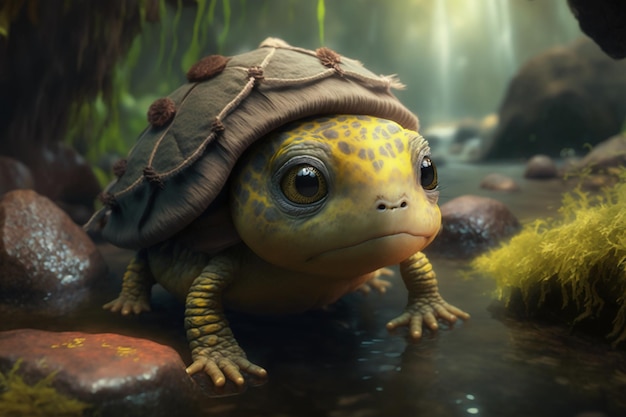 Una tortuga con una gorra en la cabeza se sienta en un arroyo.