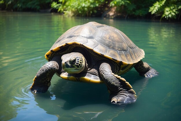 Una tortuga grande en el agua en verano