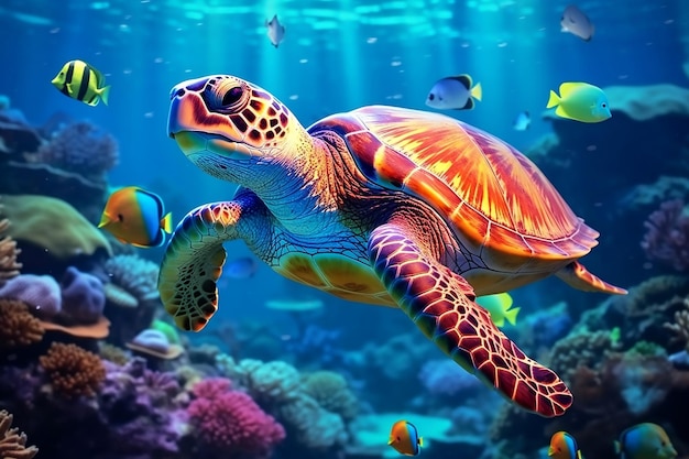 Una tortuga con un grupo de peces de colores y animales marinos IA generativa