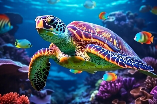Una tortuga con un grupo de peces de colores y animales marinos IA generativa