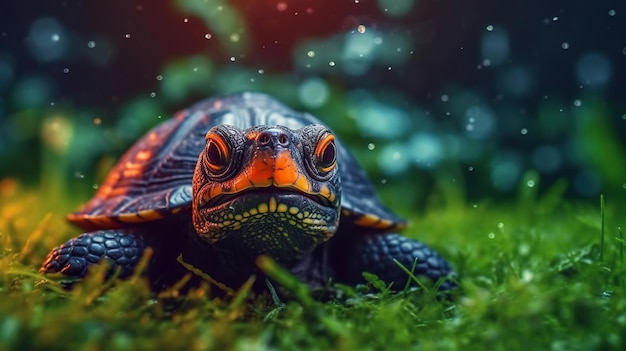 Foto tortuga en la hierba hermosa tortuga con ojos naranjas