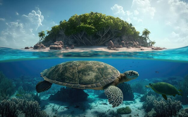 Una tortuga y una isla tropical en el océano.