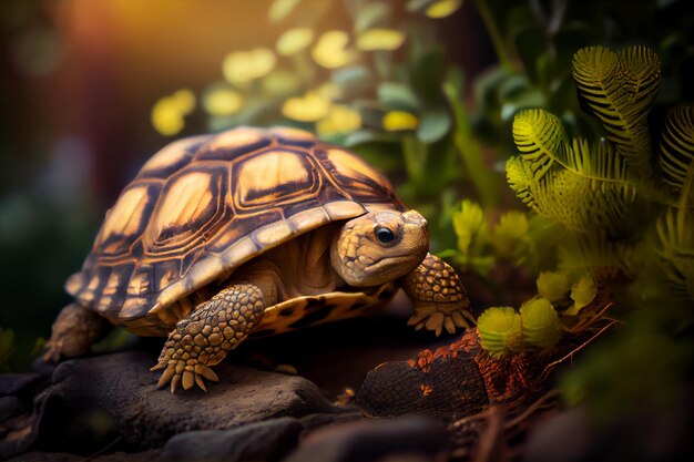 Una tortuga en un jardín con plantas y plantas.