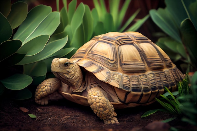 Una tortuga en la jungla con plantas verdes.