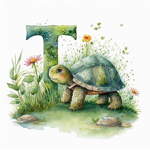 Tortuga y la letra T Explorando la naturaleza y aprendiendo el alfabeto Ilustración de acuarela para niños ABC