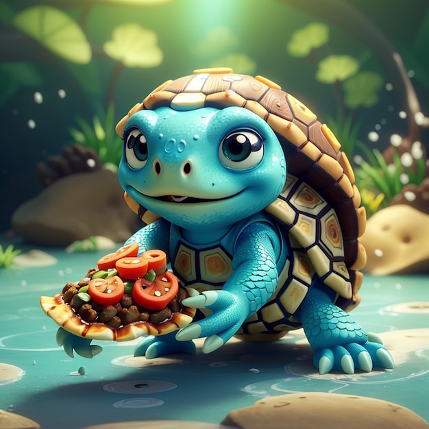 Foto tortuga linda comiendo pizza con refresco icono vectorial de dibujos animados ilustración icono de comida animal concepto aislado vector plano de estilo de dibujo animado
