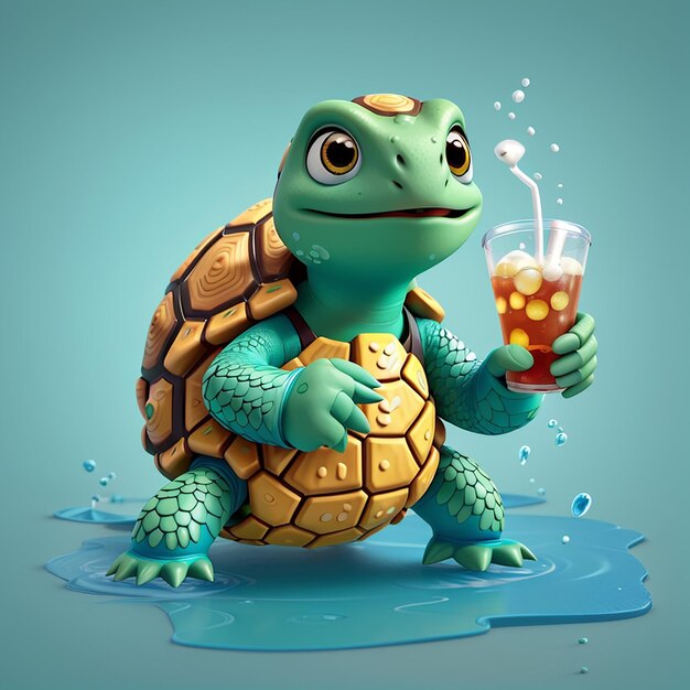 Foto tortuga linda comiendo pizza con refresco icono vectorial de dibujos animados ilustración icono de comida animal concepto aislado vector plano de estilo de dibujo animado