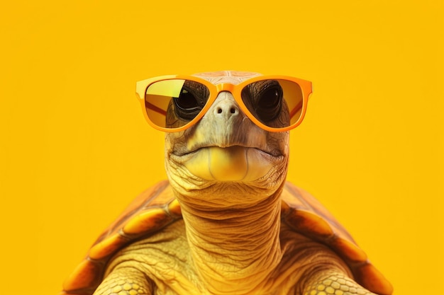 Foto una tortuga linda con gafas de sol sobre un fondo amarillo