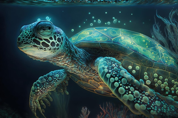 La tortuga luminosa está bajo el agua Hermosa imagen de ilustración AI generativa
