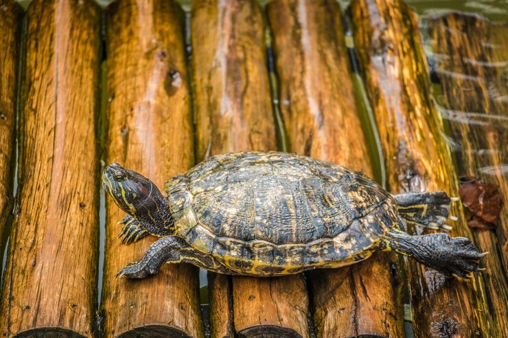 Foto tortuga en la madera de cerca