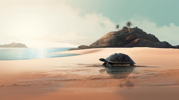 Una tortuga marina arrastrándose en la playa de arena con una montaña al fondo Ai generó