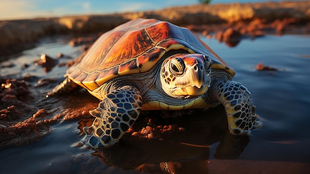 La tortuga marina del atardecer regresa al Pacífico después de anidar