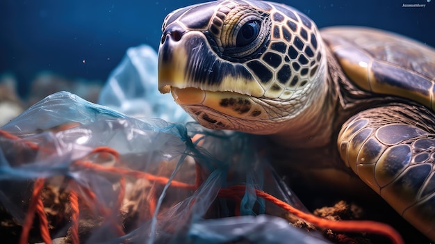 Tortuga marina atrapada en basura plástica