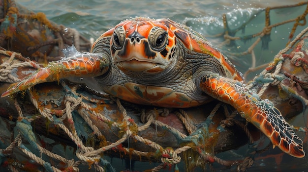 Foto tortuga marina atrapada en un filete de pesca debido a la contaminación del océano