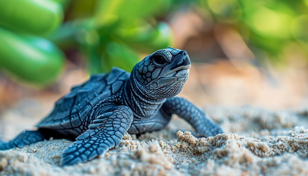 La tortuga marina bebé haciendo su camino hacia el océano al amanecer