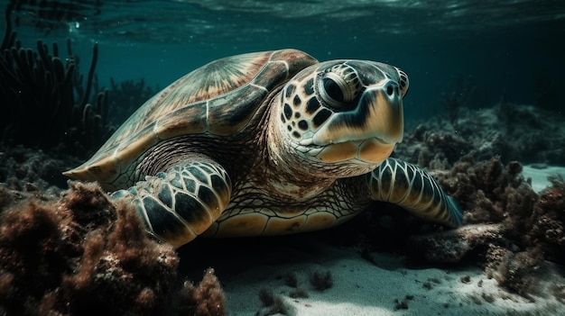 Tortuga marina cerca de un arrecife de coral generado por IA