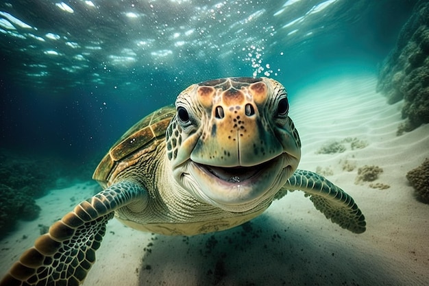 Tortuga marina feliz mirando bajo el agua y tú y sonriendo ilustración generativa ai