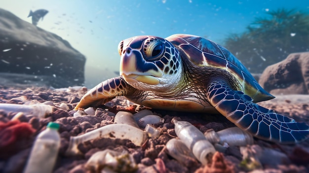 Tortuga marina en el fondo del mar llena de botellas de plástico y desechos humanos Océanos contaminados y animales en peligro de extinción Ai generativo