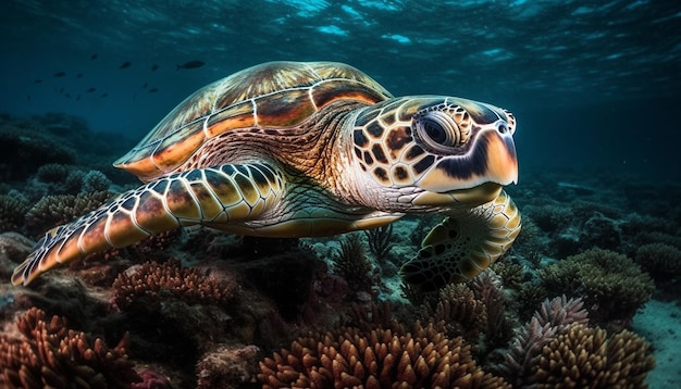 Tortuga marina multicolor nada en un arrecife tranquilo rodeado de vida marina generada por inteligencia artificial