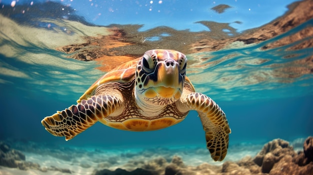 La tortuga marina nada bajo el agua en los arrecifes de coral