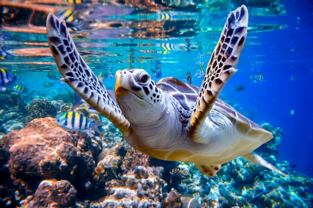 La tortuga marina nada bajo el agua en el fondo de los arrecifes de coral. Arrecife de coral del Océano Índico de Maldivas.