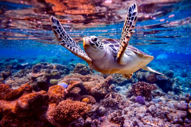 La tortuga marina nada bajo el agua en el fondo de los arrecifes de coral. Arrecife de coral del Océano Índico de Maldivas.