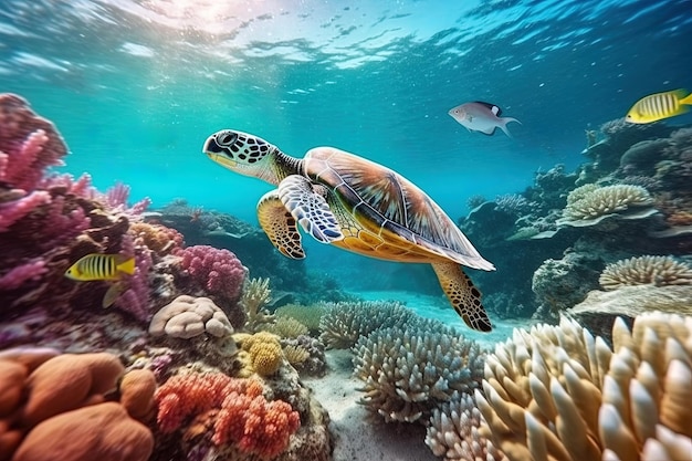La tortuga marina nada bajo el agua en el fondo de los arrecifes de coral