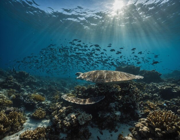 una tortuga marina nada más allá de una escuela de tortugas marinas