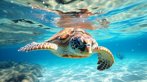 La tortuga marina nada en el océano azul en cámara lenta