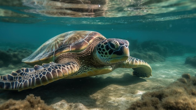 Una tortuga marina nadando en aguas poco profundas generada por IA