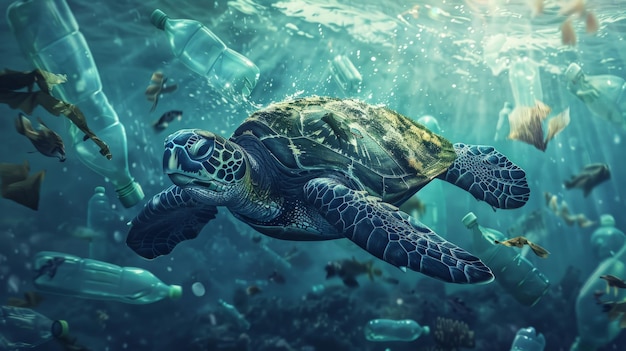 Tortuga marina nadando en el océano invadida por botellas de plástico Concepto de contaminación en los océanos