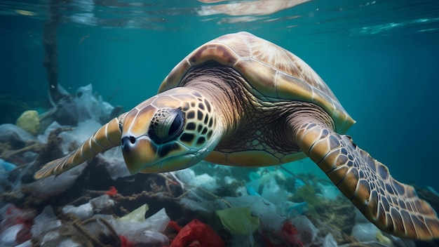 Tortuga marina nadando sobre el coral rodeada de desechos plásticos