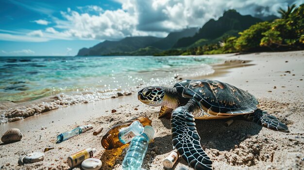 Una tortuga marina navega por una playa de arena llena de botellas de plástico