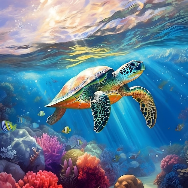 Tortuga marina o tortuga marina nadando en el océano IA generada