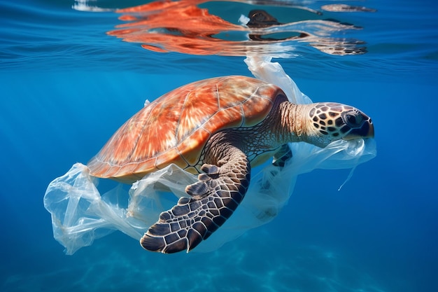 Tortuga marina con un plástico en la boca