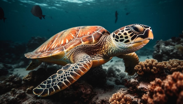 Tortuga marina roja nada en aguas tranquilas generada por IA